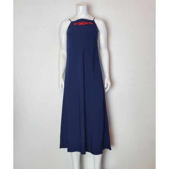 Vintage 90s Josie Navy Blue Red Embroidered Bias Slip Dress - Picture 2 of 8